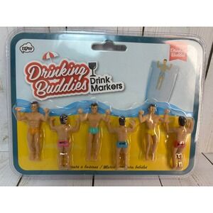 NPW Drinking Buddies Drink Markers Set of 6 Novelty Glass Charms Party Accessory
